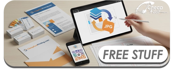 Free tools and offers at CheapFastPrinting.com including free sample kit, design help, QR code generator, and templates