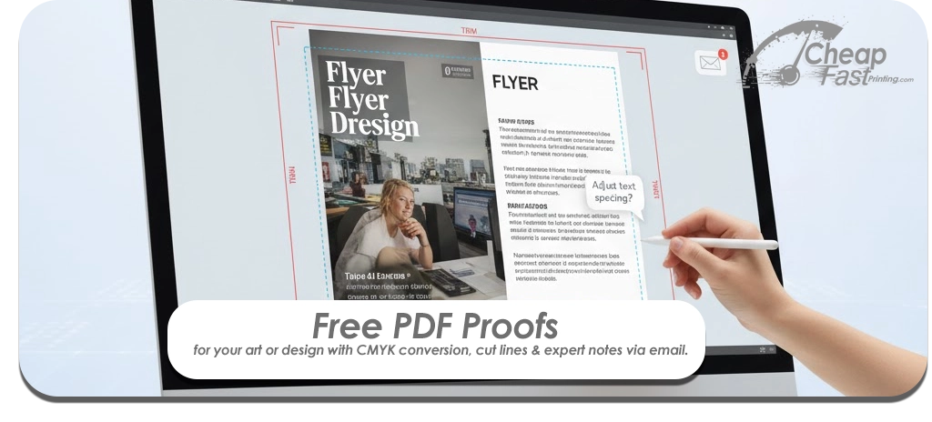 Example of complimentary PDF proof with cut lines, safe area, and CMYK preview from CheapFastPrinting.com