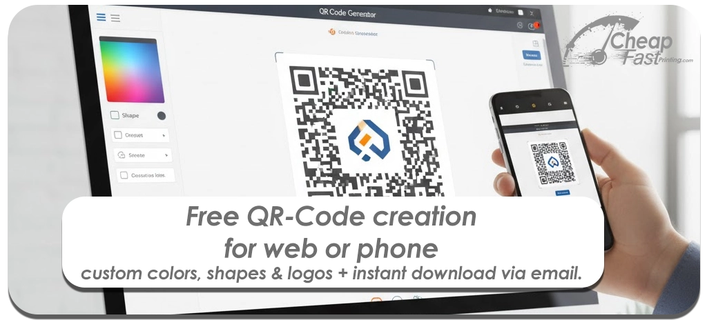 QR code generator with colors, shapes, and logo options at CheapFastPrinting.com