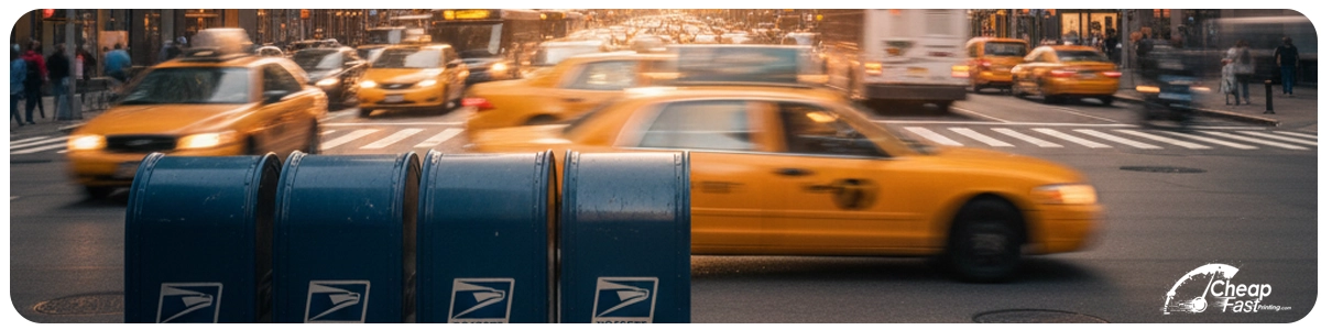Post Mailboxes On Busy City Street For Eddm Postcard Dropoff Ilussion