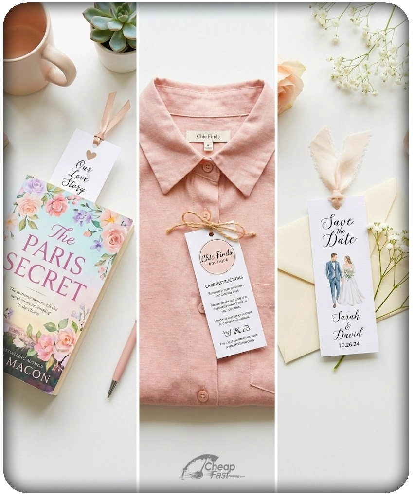 Creative use cases for printed pieces including event tickets, hang tags and wedding favors