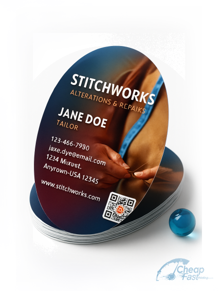 500 Low Priced Oval 2.5x3.5 16pt Premium Glossy Clothing Alterations Business Cards
