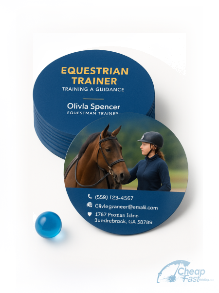 5000 Cost Effective Circle 3" Circle 38pt Trifecta Blue Equestrian Trainer Business Cards