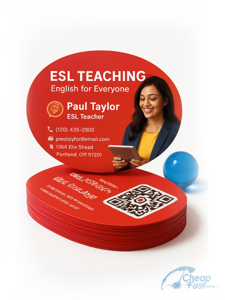 100 Value Oval 2.5x3.5 38pt Trifecta Red Esl Teacher Business Cards