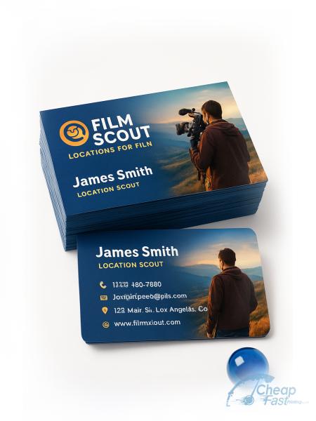 500 Low Priced Standard Rectangle 2x3.5 38pt Trifecta Blue Film Location Scout Business Cards