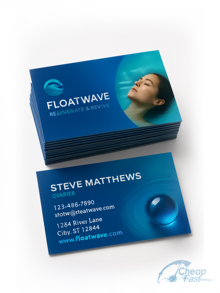 100 Urgent Standard Rectangle 2x3.5 38pt Trifecta Blue Float Therapy Center Owner Business Cards