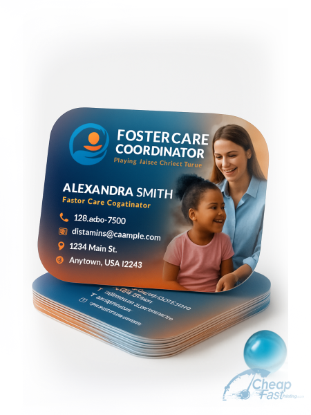 250 Wallet Friendly Half Circle 3.5x1.75 14pt Gloss Foster Care Coordinator Business Cards