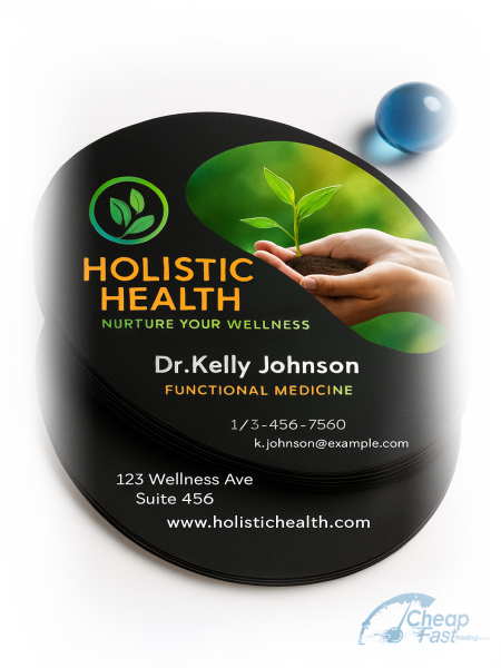 100 Inexpensive Oval 2.5x3.5 38pt Trifecta Black Functional Medicine Practitioner Business Cards