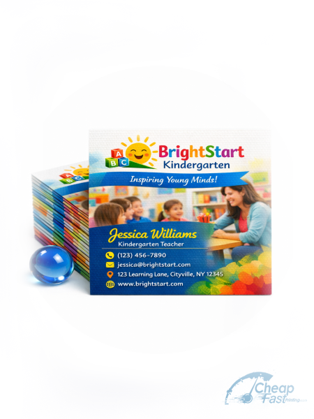 100 Low Rate Square 2x2 13pt Premium Linen Kindergarten Teacher Business Cards