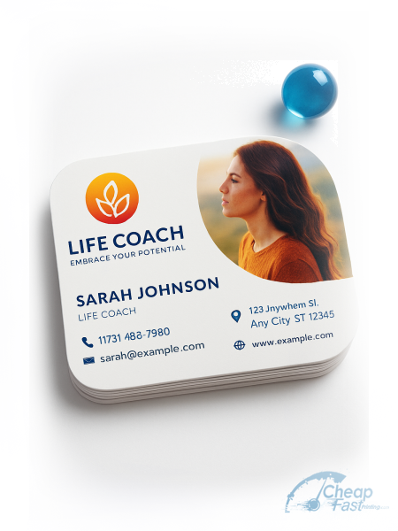 1000 Quick Half Circle 3.5x1.75 18pt Ultra Premium Smooth White Life Coach Business Cards