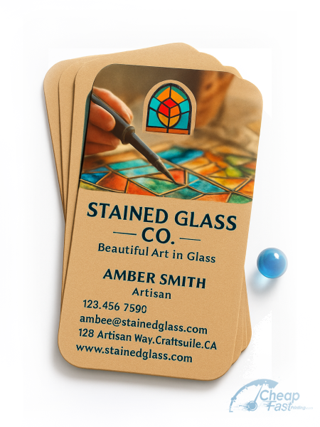 1000 Bargain Die Cut 2x3.5 18pt Premium Kraft Stained Glass Artisan Business Cards