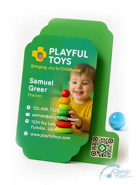 250 Speedy Die Cut 2x3.5 24pt Trifecta Green Toy Store Owner Business Cards