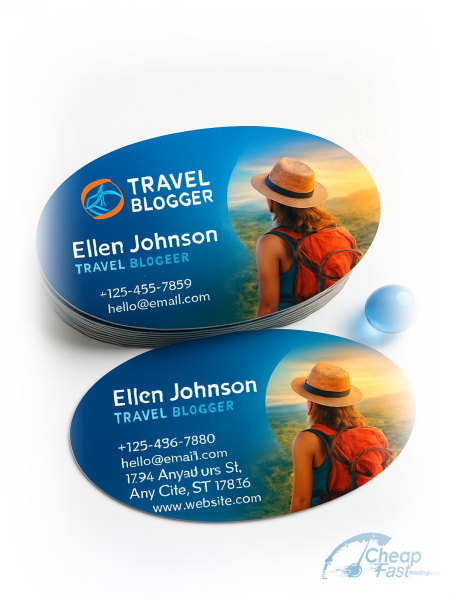 100 Cheap Oval 2.5x3.5 14pt Uncoated Travel Blogger Business Cards