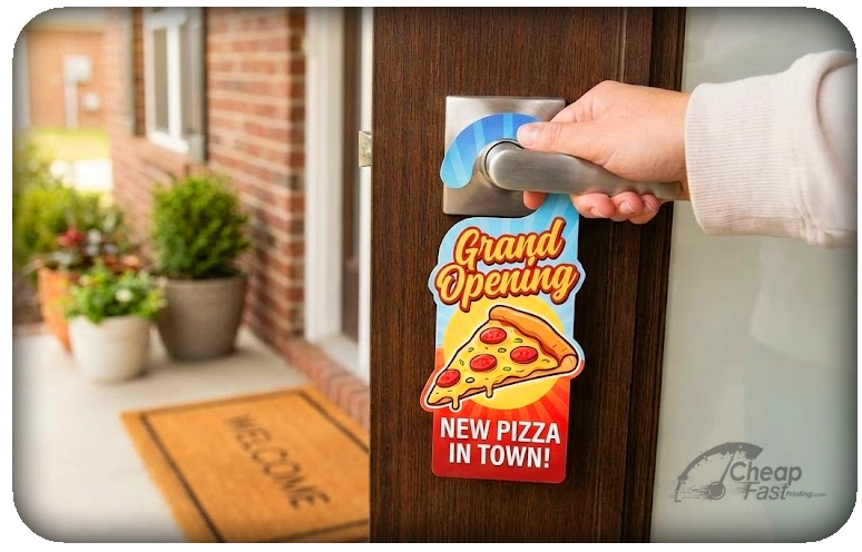 Local marketing campaign using custom printed door hangers on a residential front door