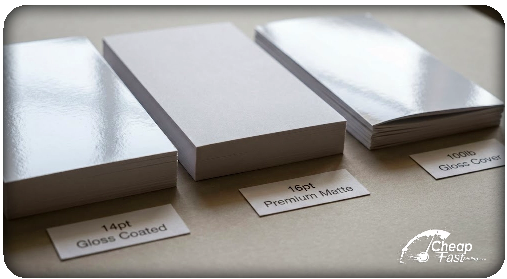 Macro comparison of 14pt gloss, 16pt matte, and 100lb gloss cover paper textures for printing