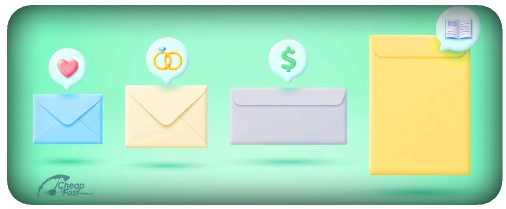 Comparison chart of standard envelope sizes including #10, A7, and 9x12