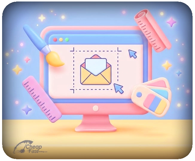 3D illustration of graphic designer setting up a custom envelope print file