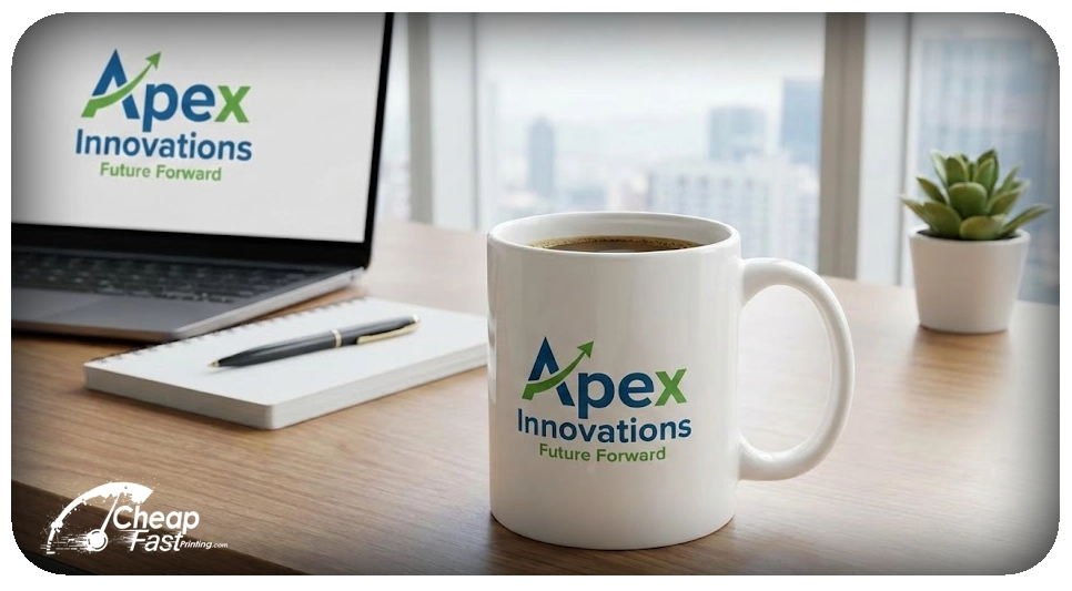 Printed ceramic coffee cup on office desk for corporate branding