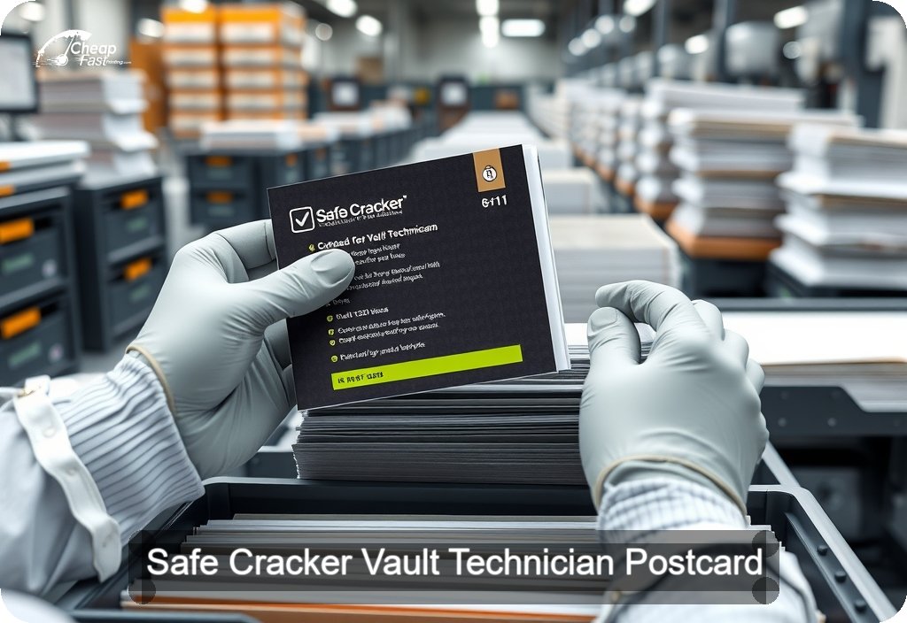 Safe Cracker Vault Technician Postcard Sample 03 · 6" x 11" design sample