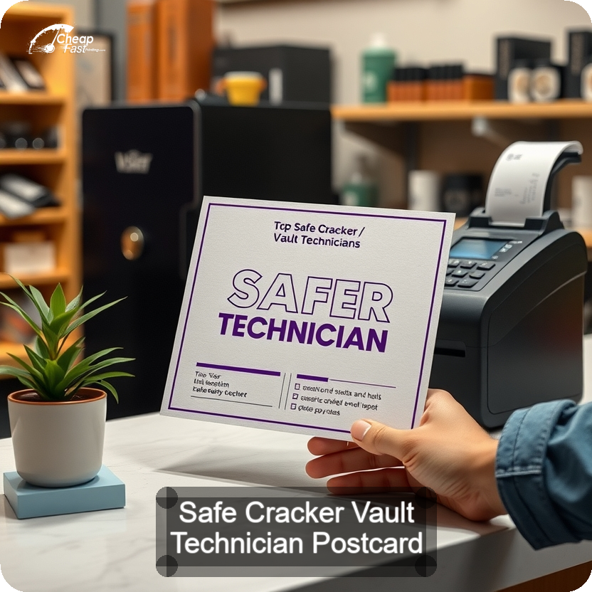 Safe Cracker Vault Technician Postcard Sample 04 · 5" x 5" design sample