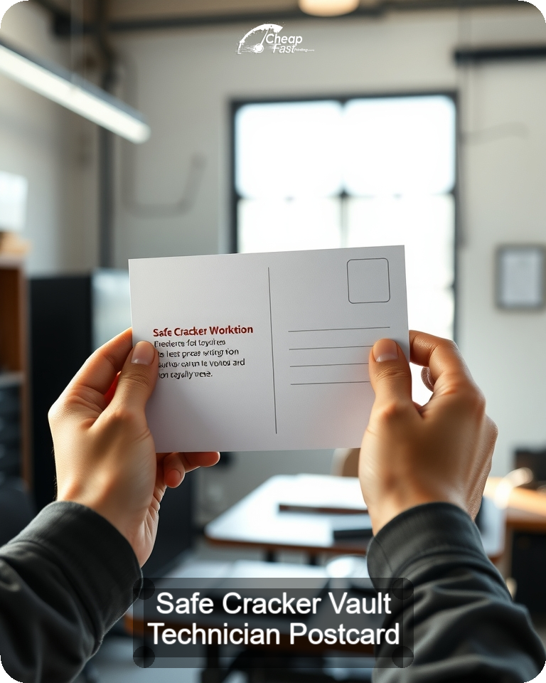 Safe Cracker Vault Technician Postcard Sample 05 · 4.25" x 5.5" design sample