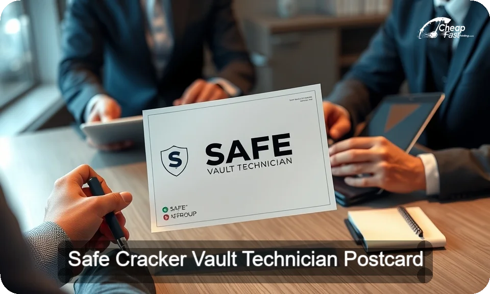 Safe Cracker Vault Technician Postcard Sample 06 · 4" x 9" design sample