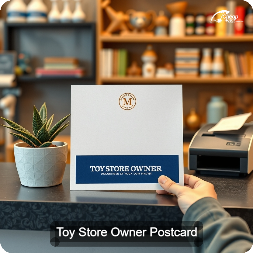 Toy Store Owner Postcard Sample 03 · 5" x 5" design sample