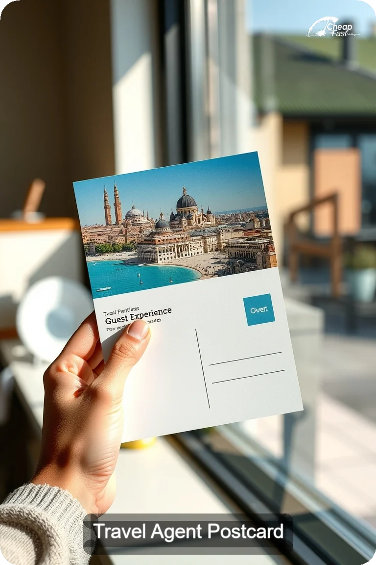 Travel Agent Postcard Sample 07 · 4.5" x 11" design sample