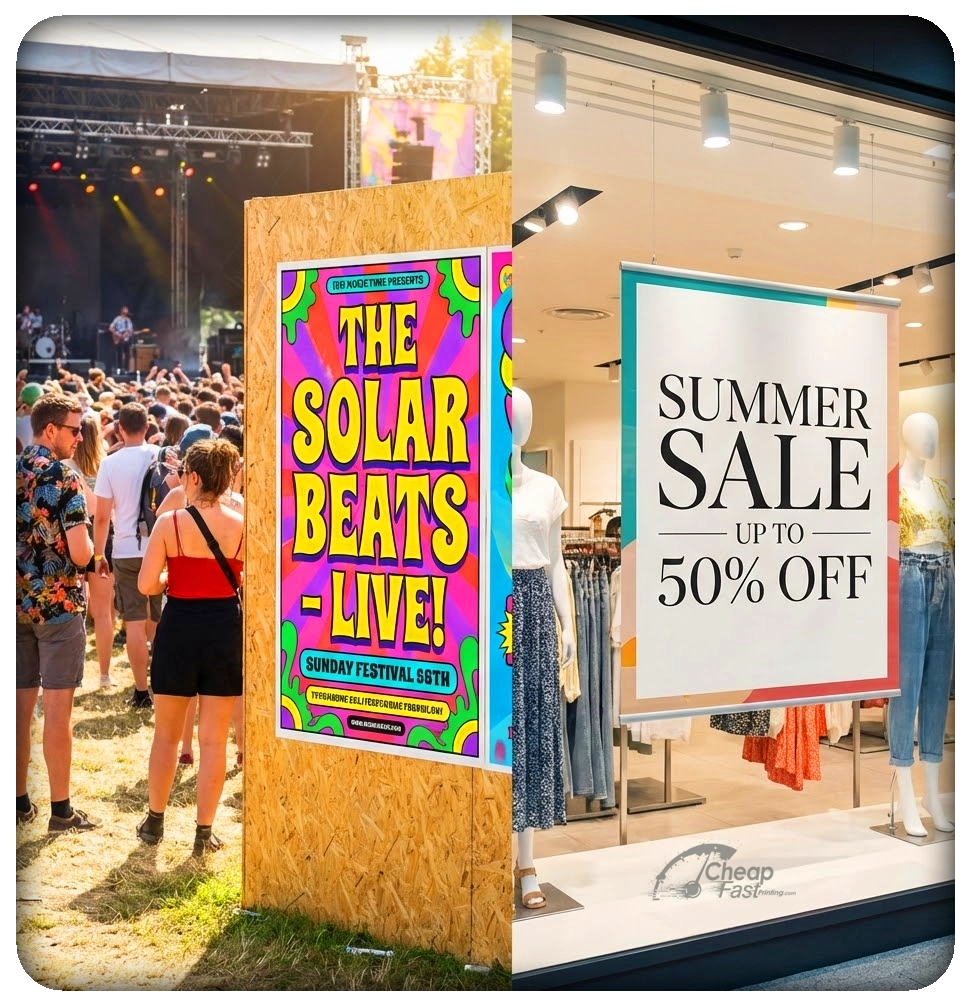 Collage showing posters at a music festival and in a retail store window