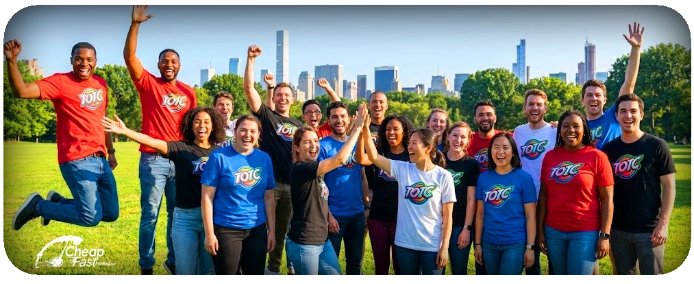 Diverse group wearing custom printed t-shirts for corporate events