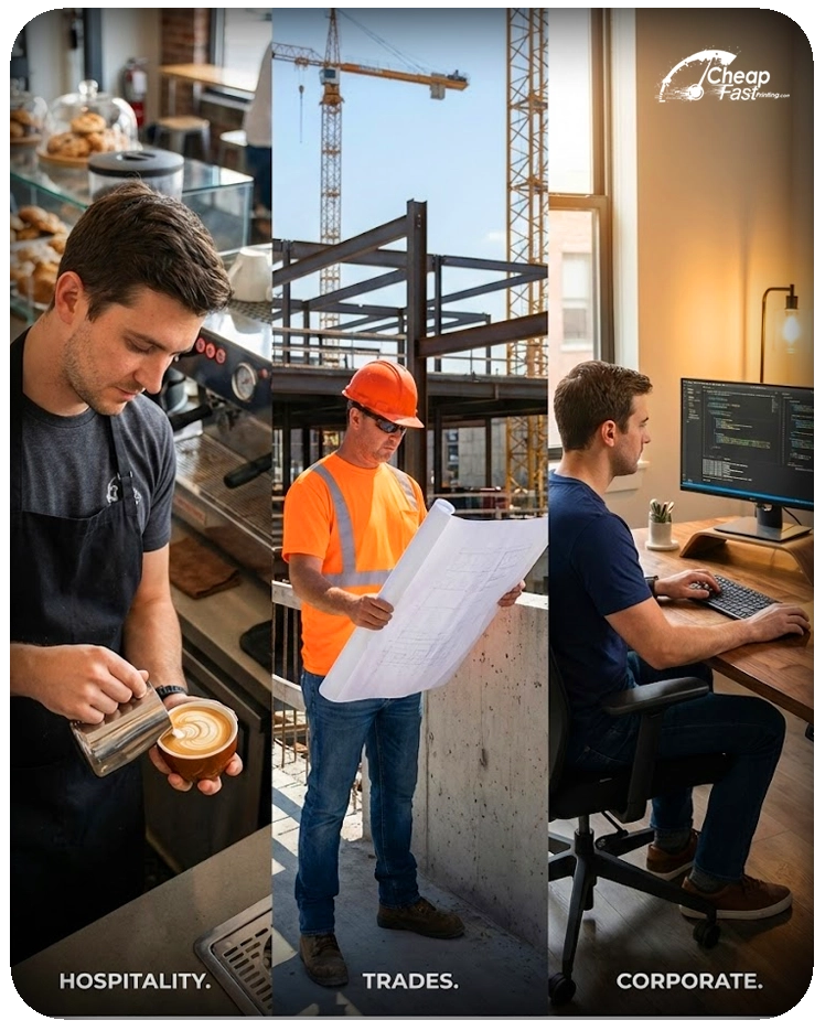 Custom printed t-shirts for hospitality, construction, and corporate industries