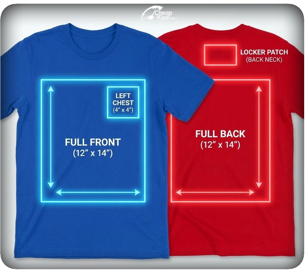 Apparel printing placement zones and dimension guidelines for optimal design positioning