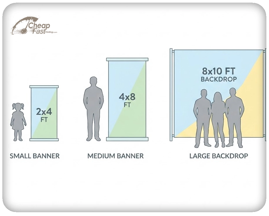 Vinyl banner size comparison chart showing promotional banners and advertising banners relative to human height