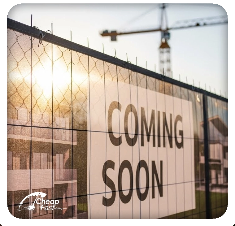 Outdoor mesh vinyl banner on construction fence allowing wind to pass through