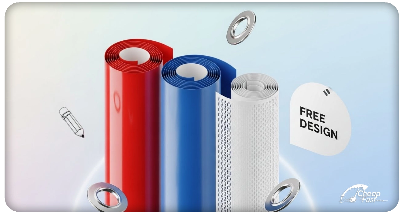 Budget vinyl banner printing showing custom banners, outdoor and indoor banners with gloss matte and mesh options