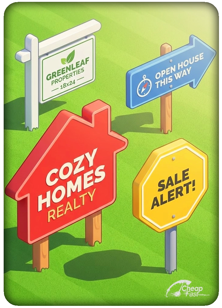 Yard sign shapes comparison: house arrow and octagon for real estate signs and political yard signs