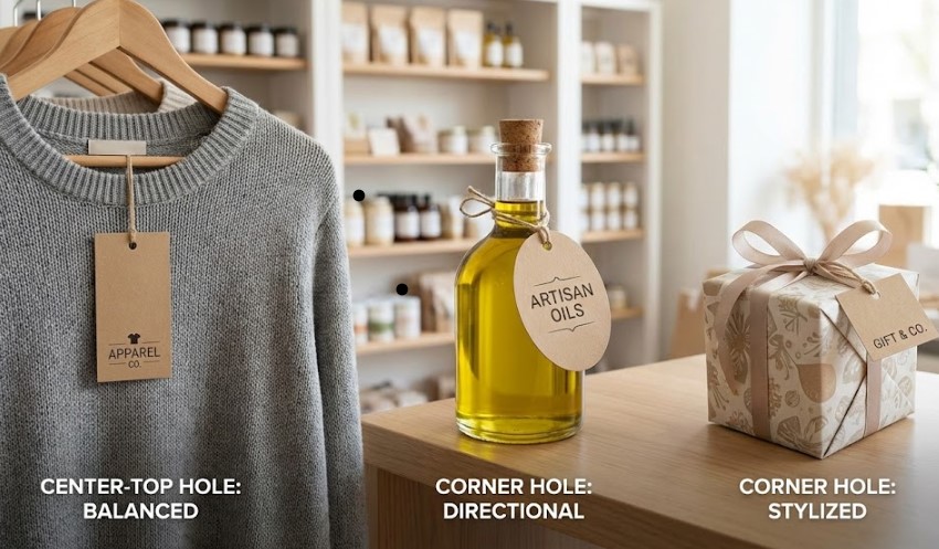 Comparison of hang tags with holes placed left, center, and right showing balance differences