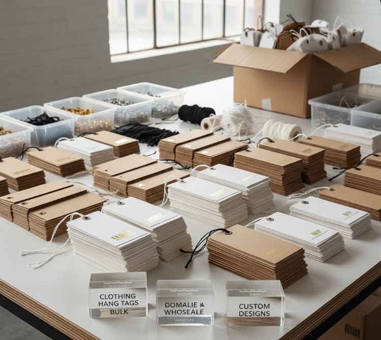 Desk Full Of Products Showcasing Clothing Hang Tags Wholesale
