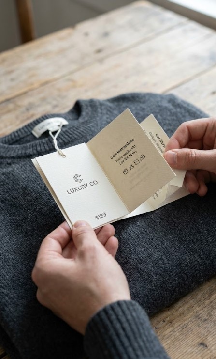 Hands Holdig A Folded Hang Tags Printing Product With Cloth Behind