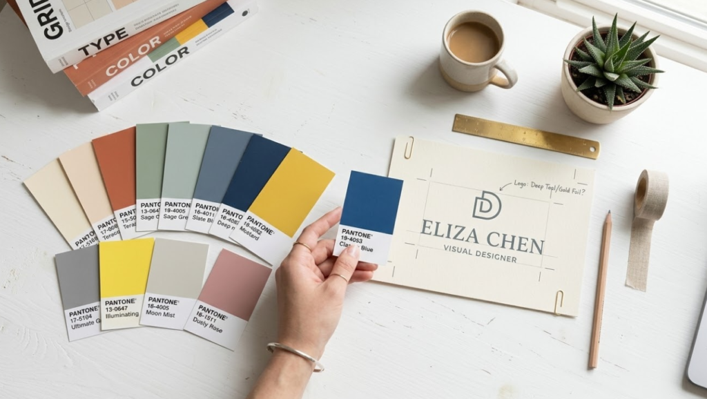 Overhead shot of color palette chips and Pantone swatches arranged neatly beside a partially designed business card mockup on a white desk. Designer's hand holding a color swatch. Soft daylight, airy composition.
