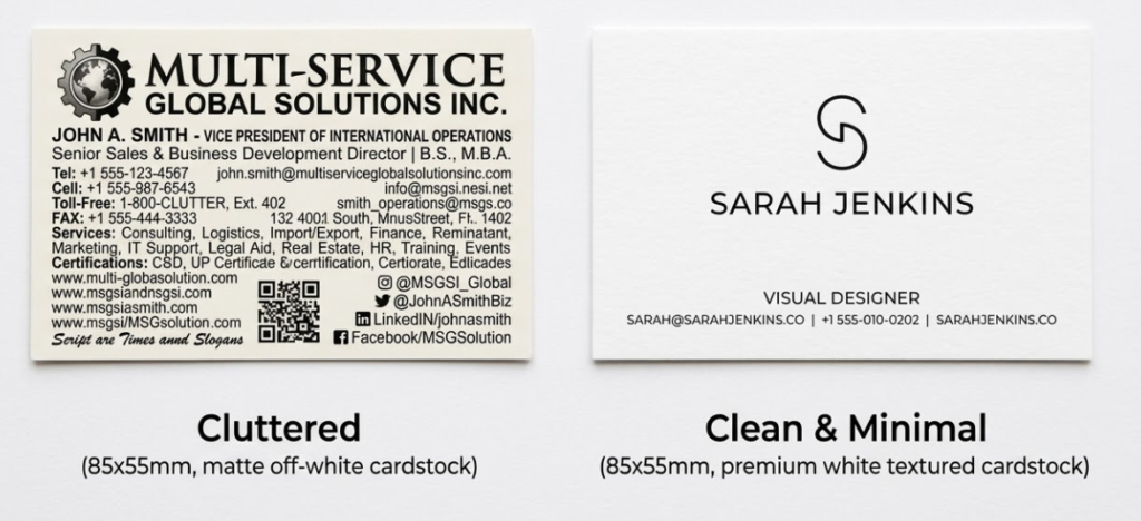 Side-by-side comparison of two business cards — one cluttered with too much information, one clean and minimal. Flat lay on white background, overhead shot, editorial style.