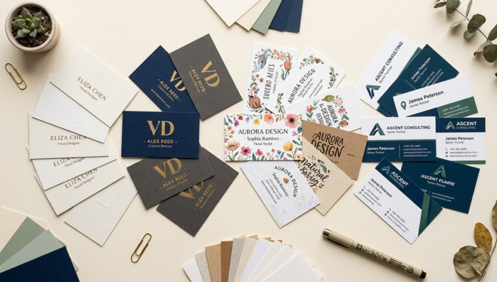 Overhead flat lay of multiple printed business card samples in different styles — minimal, bold, illustrated, corporate — spread out on a light surface. Lifestyle, template discovery vibe, soft professional tones.