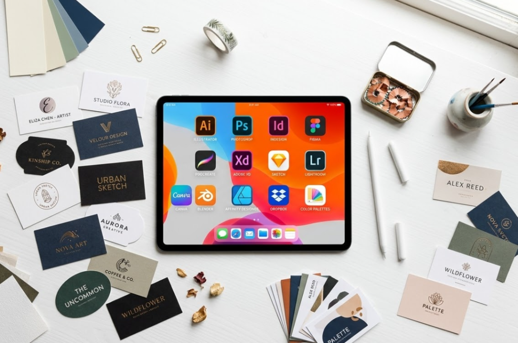 Flat lay of a tablet showing multiple digital design tool icons on screen, surrounded by printed business card samples, a stylus pen, and small design elements on a white background. Tech meets creativity vibe.