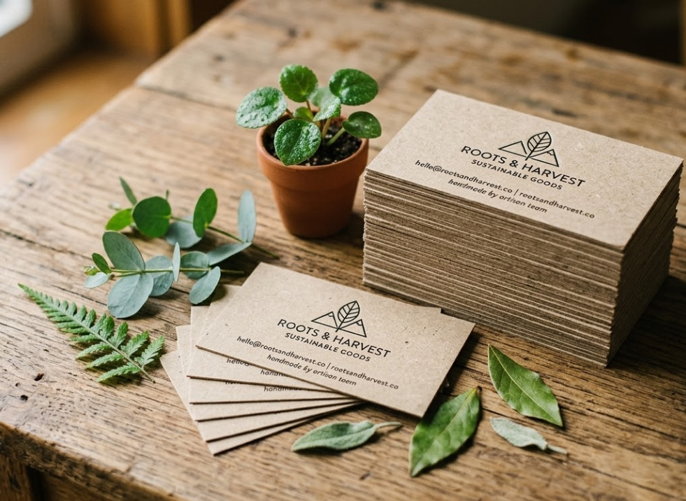 Stack of natural textured kraft paper business cards on a wooden surface with small green plants and leaves nearby, warm natural light. Earthy tones, clean minimal design, sustainability aesthetic, editorial photography.