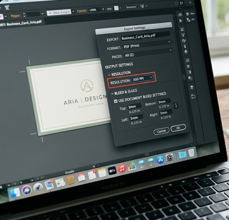 Close up of a laptop screen showing export settings dialog for a business card file, with resolution and bleed settings visible, printed card samples nearby on a desk. Clean editorial style.