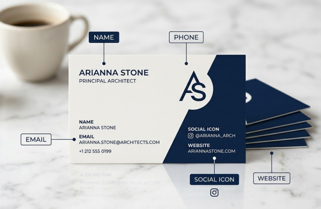 Elegant modern business card on a marble surface with clear labels floating above key sections of the card — name, email, phone, social icon — in a clean infographic-style editorial shot. Minimal design, high contrast, white and navy blue palette.