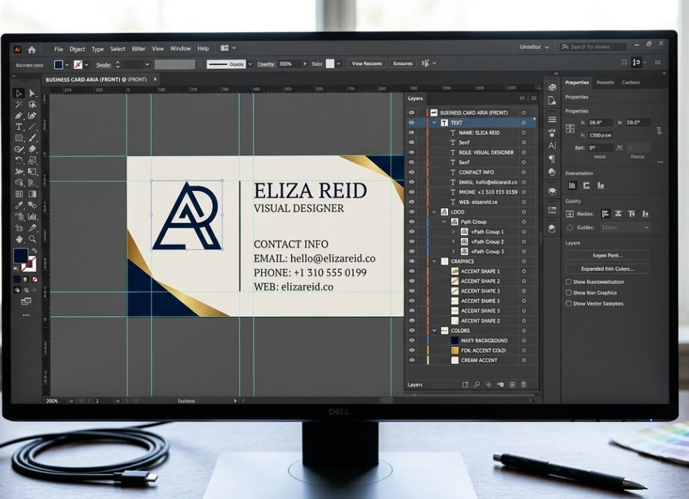 Overhead flat lay of multiple printed business card samples in different styles — minimal, bold, illustrated, corporate — spread out on a light surface. Lifestyle, template discovery vibe, soft professional tones.