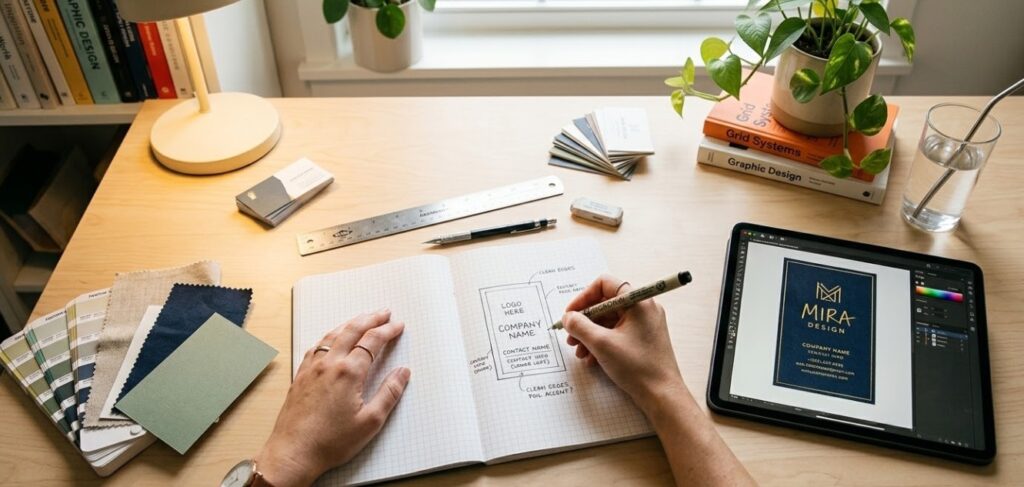 Designer's hands sketching a business card layout on graph paper with a fine pen, surrounded by color swatches, a ruler, and a tablet showing a digital mockup. Warm overhead lighting, clean minimal workspace, creative professional atmosphere.