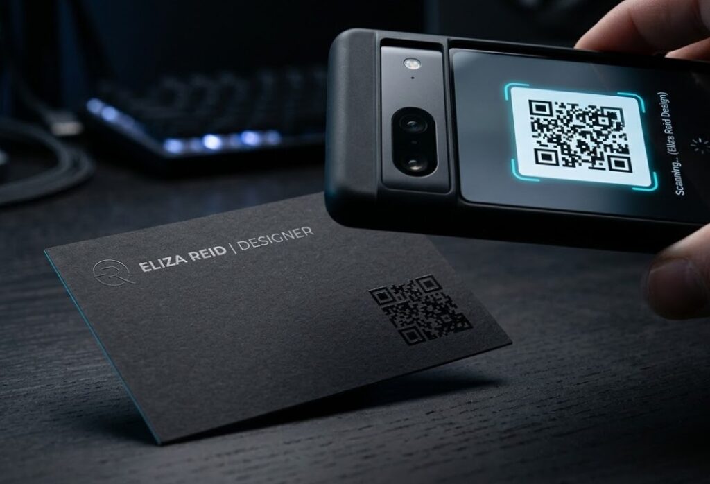 Close-up of a premium matte business card with a small clean QR code printed in the lower corner, smartphone hovering above it as if scanning. Dark background, professional tech photography.