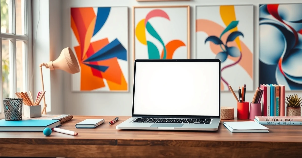 Where Print Flyers Laptop Wooden Desk Blank Horizontal